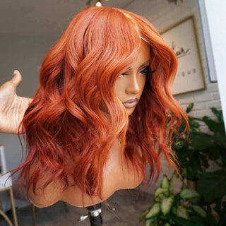 RONGDUOYI Short Wavy Orange Ginger Bob Synthetic Lace Front Wig Middle Part Body Wave Wigs for Black Women Use Blonde Black Hair