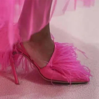 Vintage High Heeled Shoes For Woman's Feather Fur Thin Heels Pointed Toe Elastic Cord