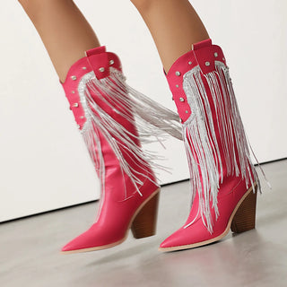 Fring Cowboy Boots Pointed Rivets Tassel High Wide Calf Over The Knee Boots Western Boots Chunky High Heels