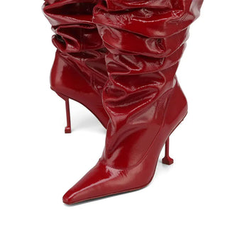 Scrunch Patent Leather Pointed High-heeled Stacked Boots with Large Tube Circumference, European and American Long Boots