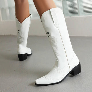 Skeleton Embroidered cowboy Mid Boots Pointed Toe Chunky Heel Plush Embroidered Slip-On Boots