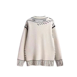 Print Graffiti Cardigan Women Long Sleeve Top Illustration Loose V-neck Sweater Autumn Winter Streetwear Knitted Female Cardigans Coat