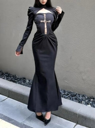 Dress black Women Gothic Cut Out Cross Hip Dress Fashion Black Long Sleeve 2 Piece Set