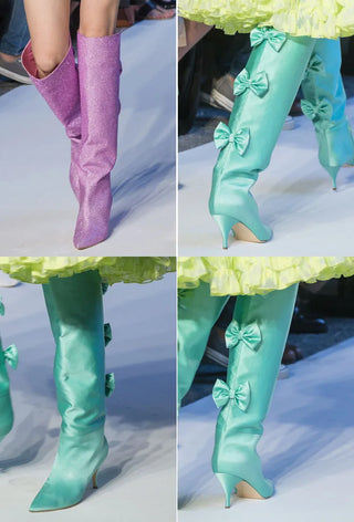 Satin Bow Knee Boots Catwalk Kitten Heel Pointed Pink Green Blue Solid Color Boots Daily Footwear Large Size 34-43