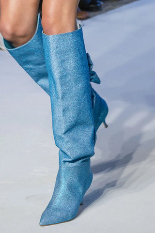 Satin Bow Knee Boots Catwalk Kitten Heel Pointed Pink Green Blue Solid Color Boots Daily Footwear Large Size 34-43