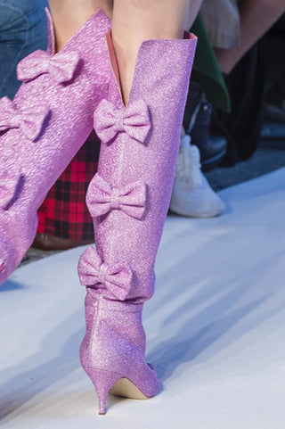 Satin Bow Knee Boots Catwalk Kitten Heel Pointed Pink Green Blue Solid Color Boots Daily Footwear Large Size 34-43