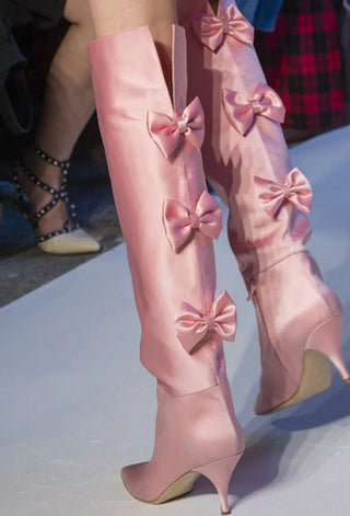 Satin Bow Knee Boots Catwalk Kitten Heel Pointed Pink Green Blue Solid Color Boots Daily Footwear Large Size 34-43